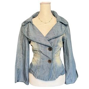 Denim Blue Women's Medium Y2K Flare Sleeve Button Vintage Italian Blazer Jacket